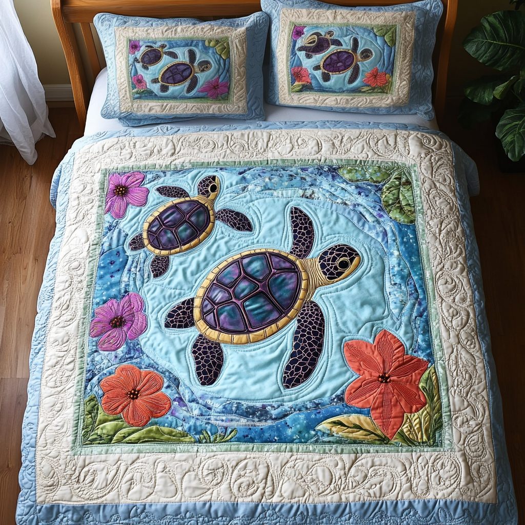 Turtle Cove Bliss quilted 3-piece bedding set on a made bed in a light coastal bedroom