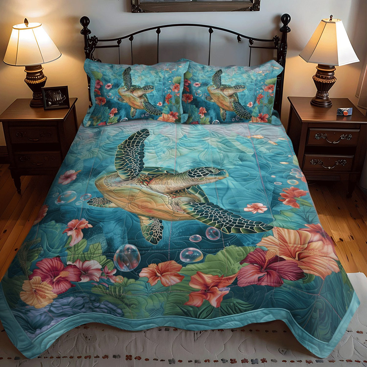 Turtle Cove quilted 3-piece bedding set on a made bed in a light coastal bedroom