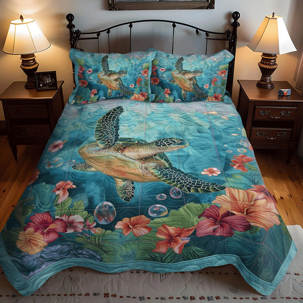 Turtle Cove quilted 3-piece bedding set on a made bed in a light coastal bedroom