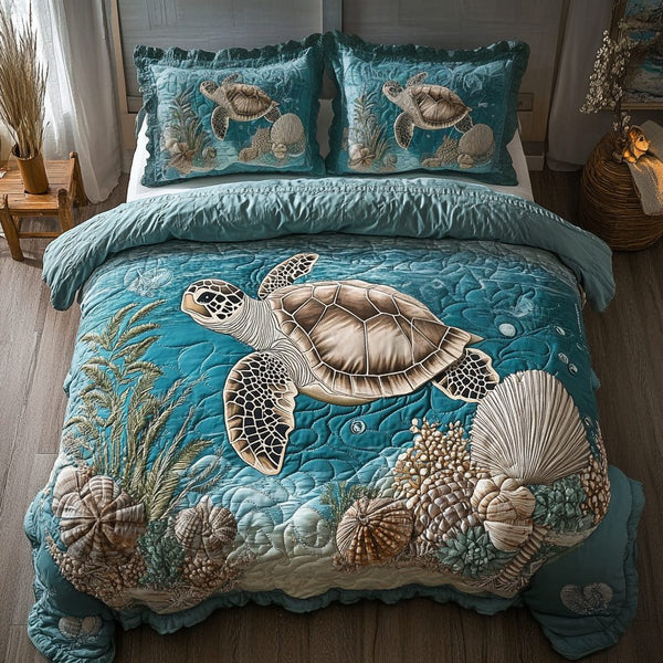 Turtle Delight quilted 3-piece bedding set on a made bed in a light coastal bedroom