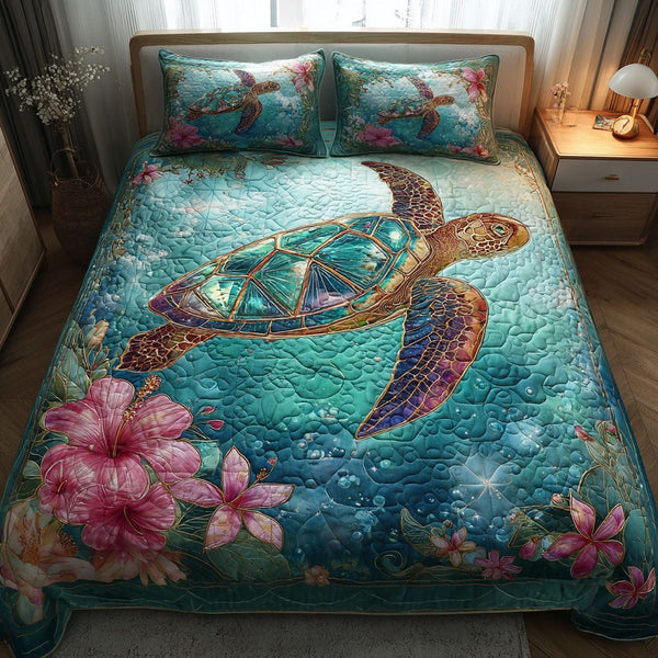 Turtle Dreams quilted 3-piece bedding set on a made bed in a light coastal bedroom