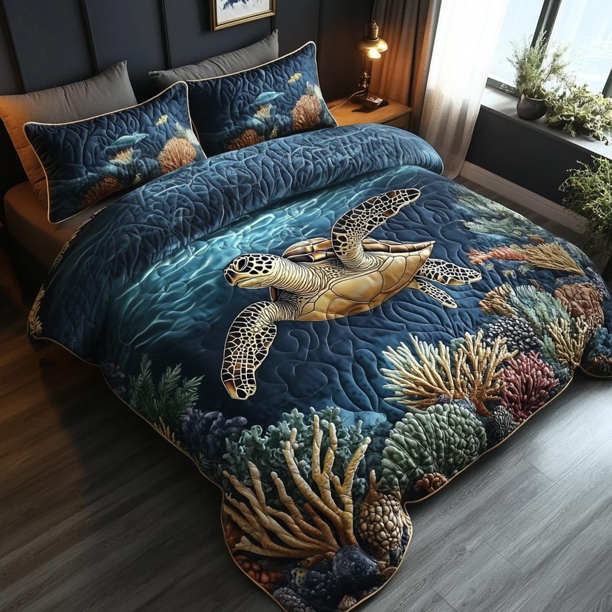 Turtle Dreams quilted 3-piece bedding set on a made bed in a light coastal bedroom