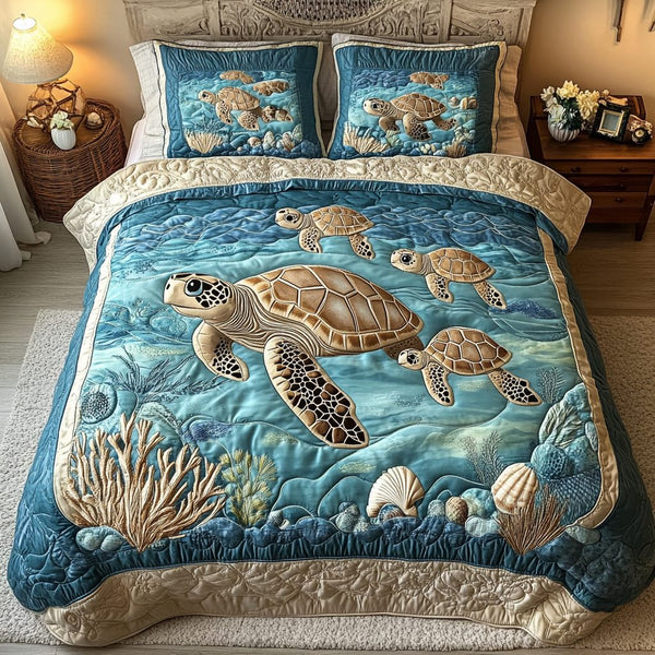 Turtle Drift quilted 3-piece bedding set on a made bed in a light coastal bedroom