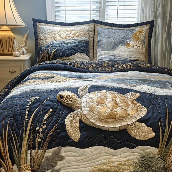 Turtle Drift quilted 3-piece bedding set on a made bed in a light coastal bedroom