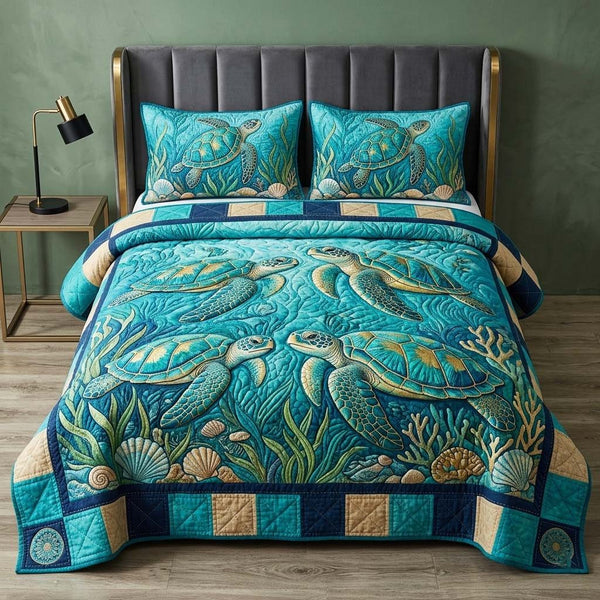 Turtle Garden quilted 3-piece bedding set on a made bed in a light coastal bedroom