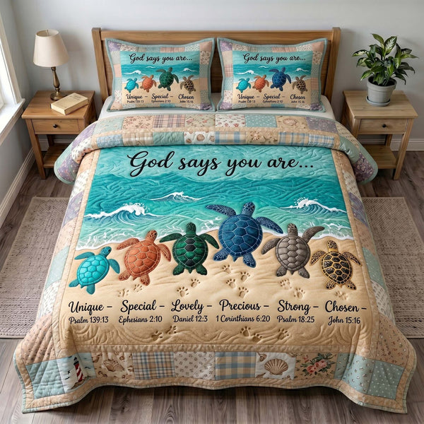 Turtle Grace quilted 3-piece bedding set on a made bed in a light coastal bedroom