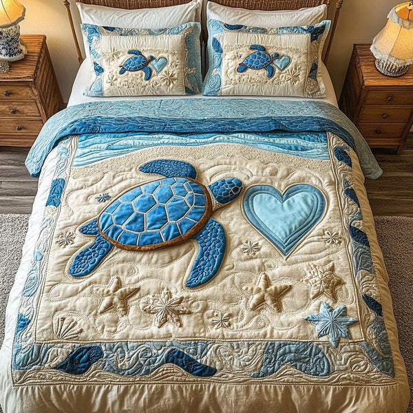 Turtle Grove quilted 3-piece bedding set on a made bed in a light coastal bedroom