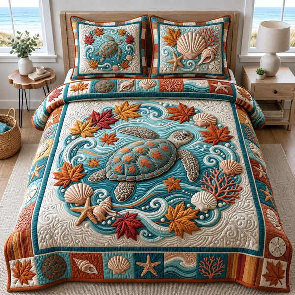 Turtle Harmony quilted 3-piece bedding set on a made bed in a light coastal bedroom