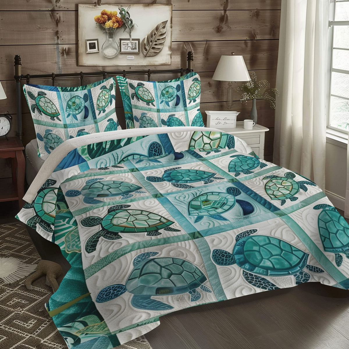 Turtle Harmony quilted 3-piece bedding set on a made bed in a light coastal bedroom
