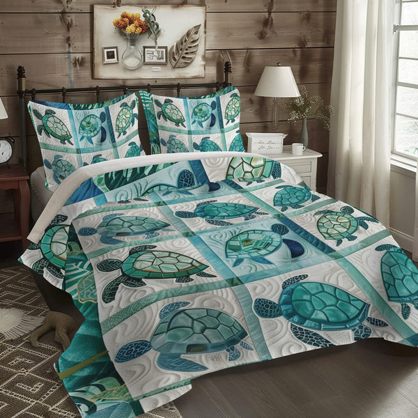Turtle Harmony quilted 3-piece bedding set on a made bed in a light coastal bedroom