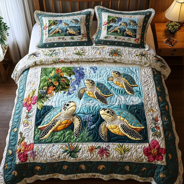 Turtle Harmony quilted 3-piece bedding set on a made bed in a light coastal bedroom