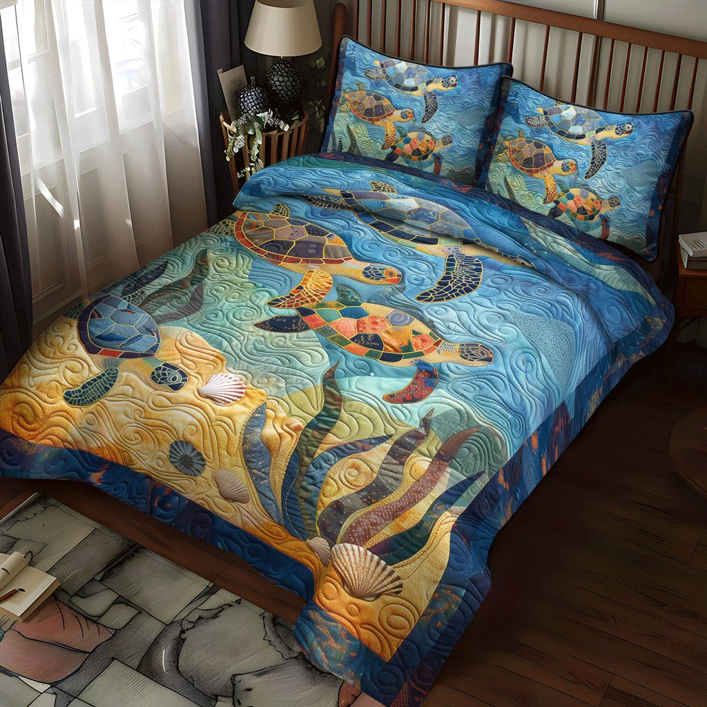 Turtle Harmony quilted 3-piece bedding set on a made bed in a light coastal bedroom