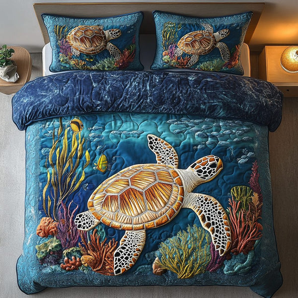 Turtle Haven quilted 3-piece bedding set on a made bed in a light coastal bedroom