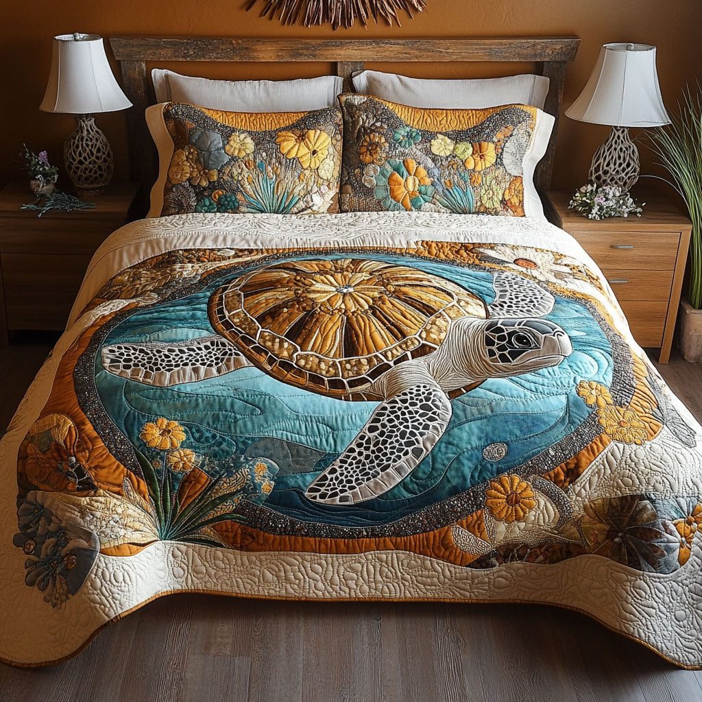Turtle Haven quilted 3-piece bedding set on a made bed in a light coastal bedroom