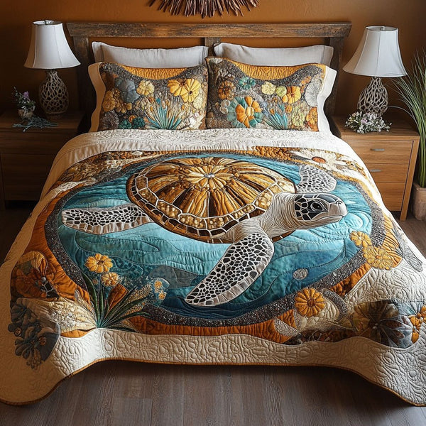 Turtle Haven quilted 3-piece bedding set on a made bed in a light coastal bedroom