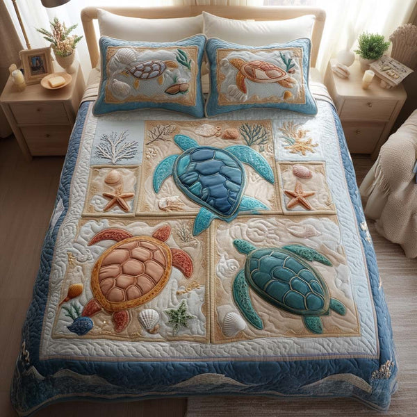 Turtle Haven quilted 3-piece bedding set on a made bed in a light coastal bedroom