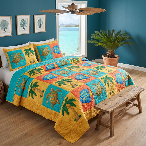 Turtle Haven quilted 3-piece bedding set on a made bed in a light coastal bedroom