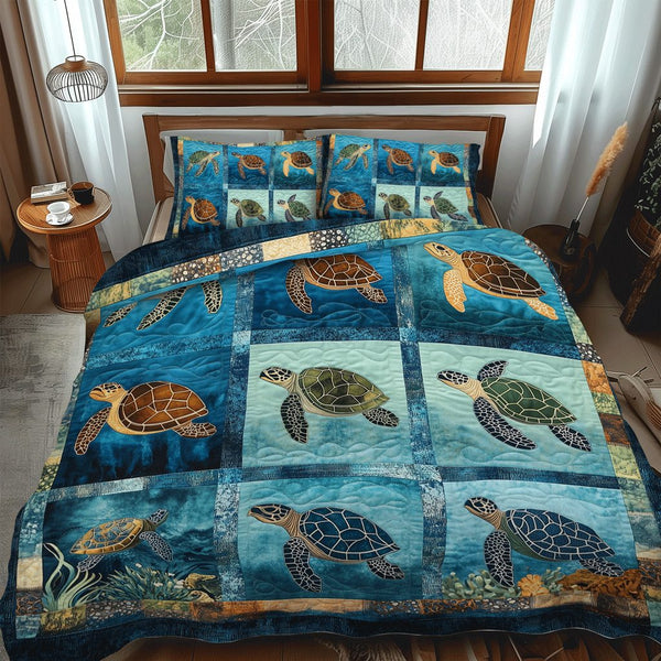 Turtle Haven quilted 3-piece bedding set on a made bed in a light coastal bedroom