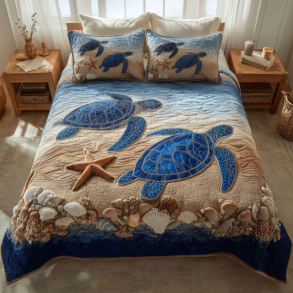 Turtle Journey quilted 3-piece bedding set on a made bed in a light coastal bedroom
