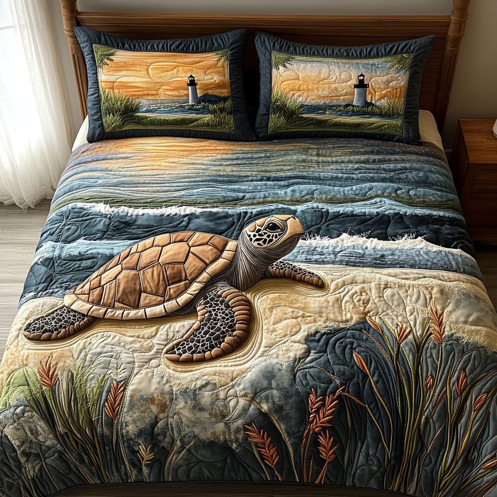 Turtle Journey quilted 3-piece bedding set on a made bed in a light coastal bedroom