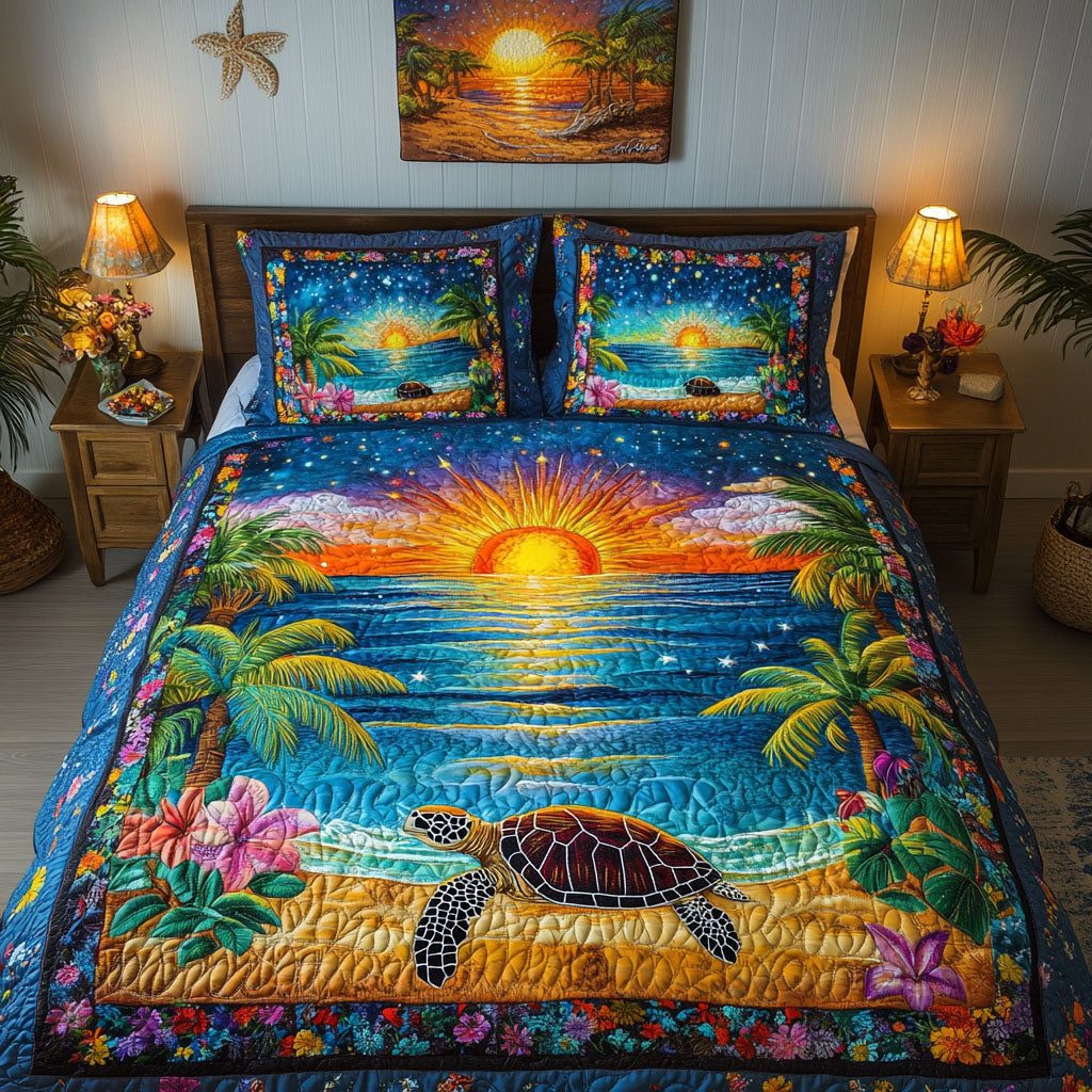 Turtle Journey quilted 3-piece bedding set on a made bed in a light coastal bedroom
