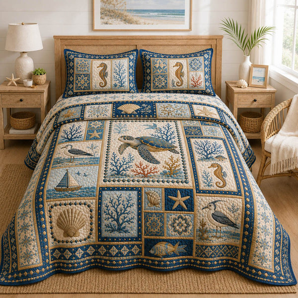Turtle Lagoon quilted 3-piece bedding set on a made bed in a light coastal bedroom