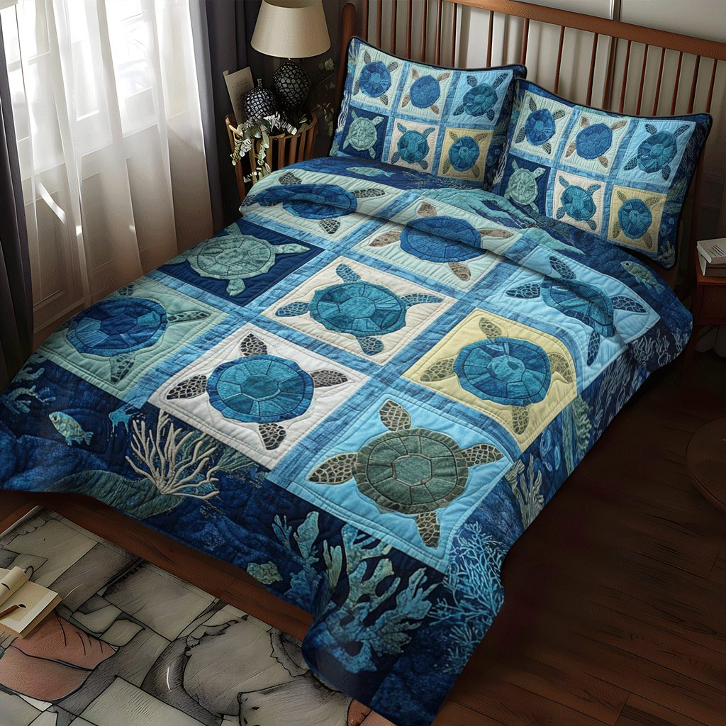 Turtle Lagoon quilted 3-piece bedding set on a made bed in a light coastal bedroom