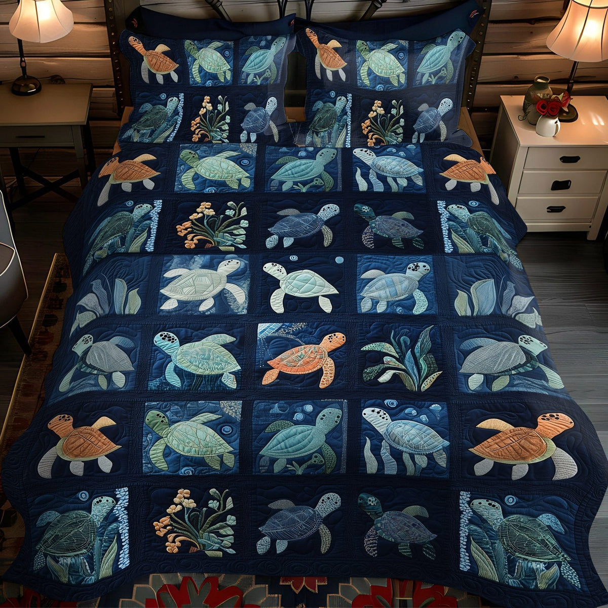 Turtle Lagoon Serenity quilted 3-piece bedding set on a made bed in a light coastal bedroom