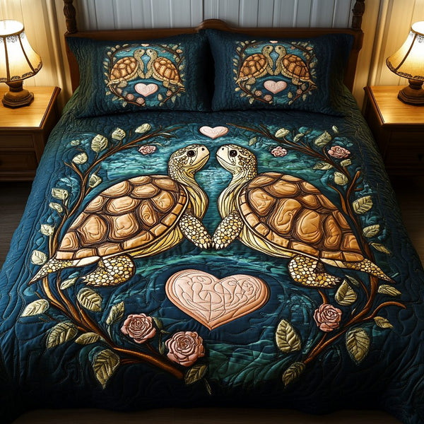 Turtle Love quilted 3-piece bedding set on a made bed in a light coastal bedroom