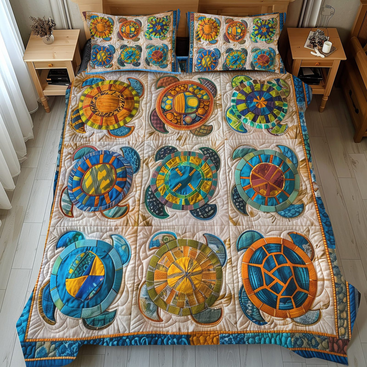 Turtle Magic quilted 3-piece bedding set on a made bed in a light coastal bedroom