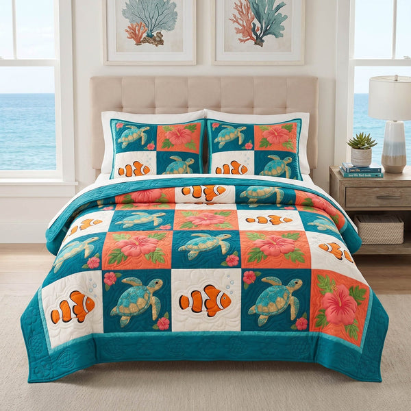 Turtle Mosaic quilted 3-piece bedding set on a made bed in a light coastal bedroom