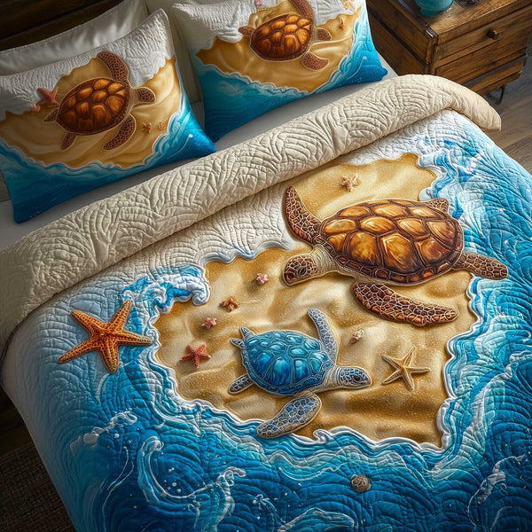 Turtle Oasis quilted 3-piece bedding set on a made bed in a light coastal bedroom