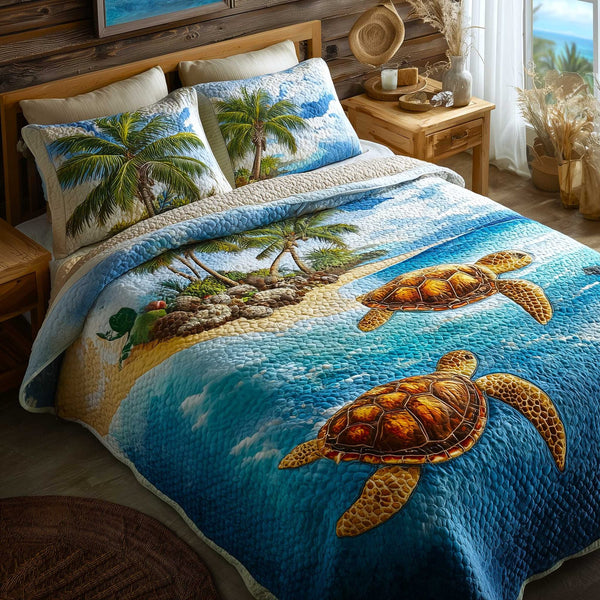 Turtle Oasis quilted 3-piece bedding set on a made bed in a light coastal bedroom