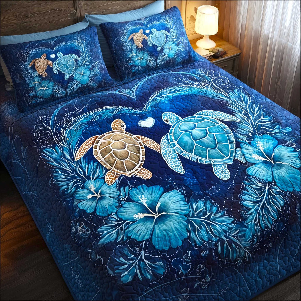 Turtle Oasis quilted 3-piece bedding set on a made bed in a light coastal bedroom