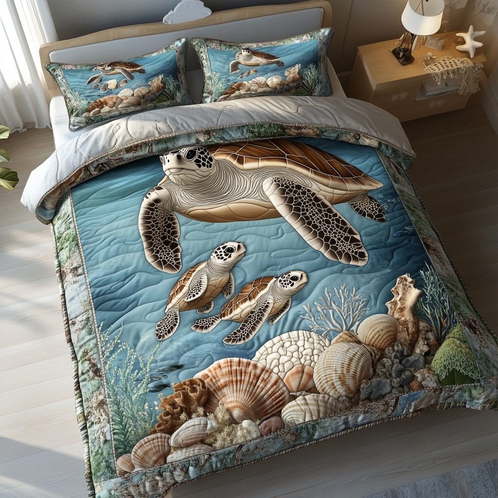 Turtle Oasis quilted 3-piece bedding set on a made bed in a light coastal bedroom