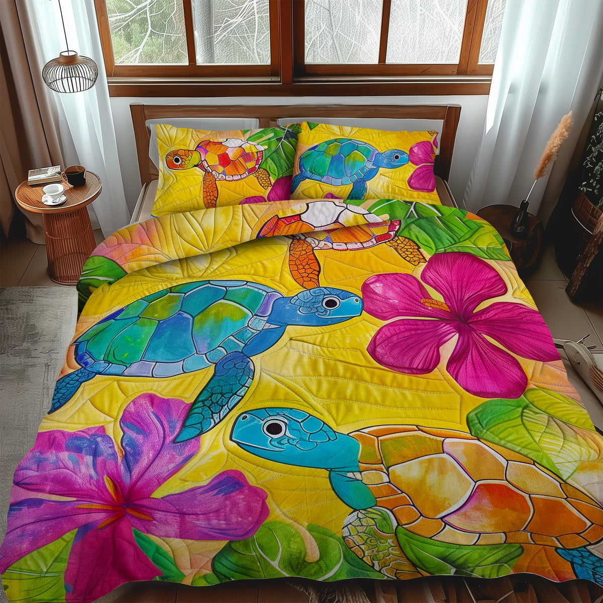 Turtle Oasis quilted 3-piece bedding set on a made bed in a light coastal bedroom