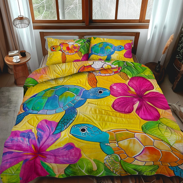 Turtle Oasis quilted 3-piece bedding set on a made bed in a light coastal bedroom