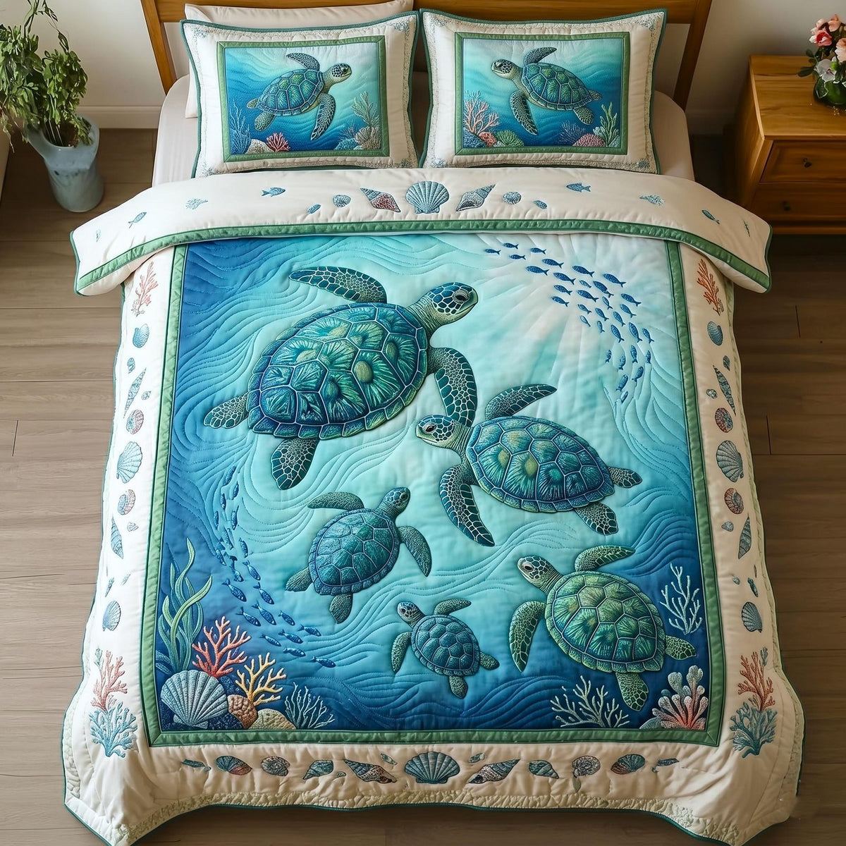 Turtle Ocean quilted 3-piece bedding set on a made bed in a light coastal bedroom
