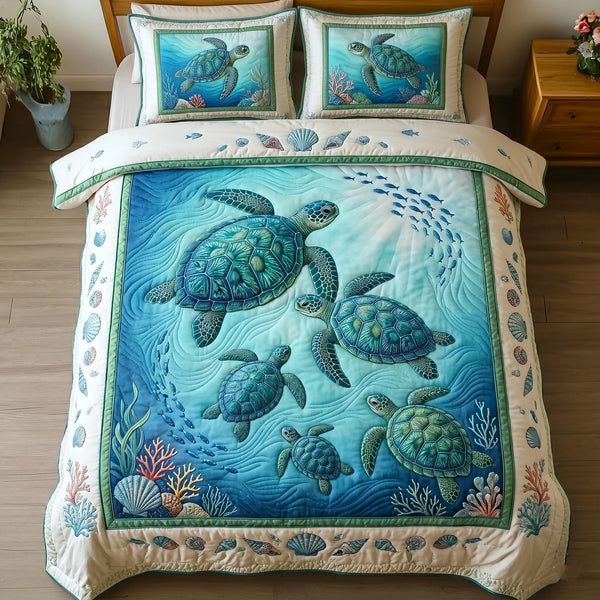 Turtle Ocean quilted 3-piece bedding set on a made bed in a light coastal bedroom