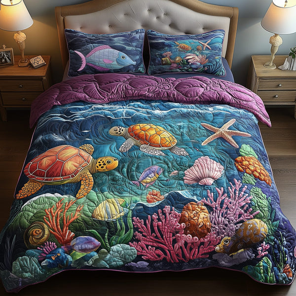 Turtle Ocean quilted 3-piece bedding set on a made bed in a light coastal bedroom