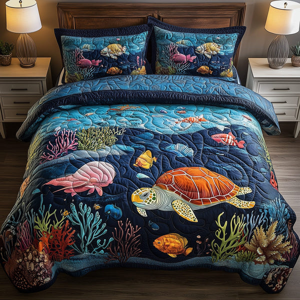 Turtle Ocean quilted 3-piece bedding set on a made bed in a light coastal bedroom