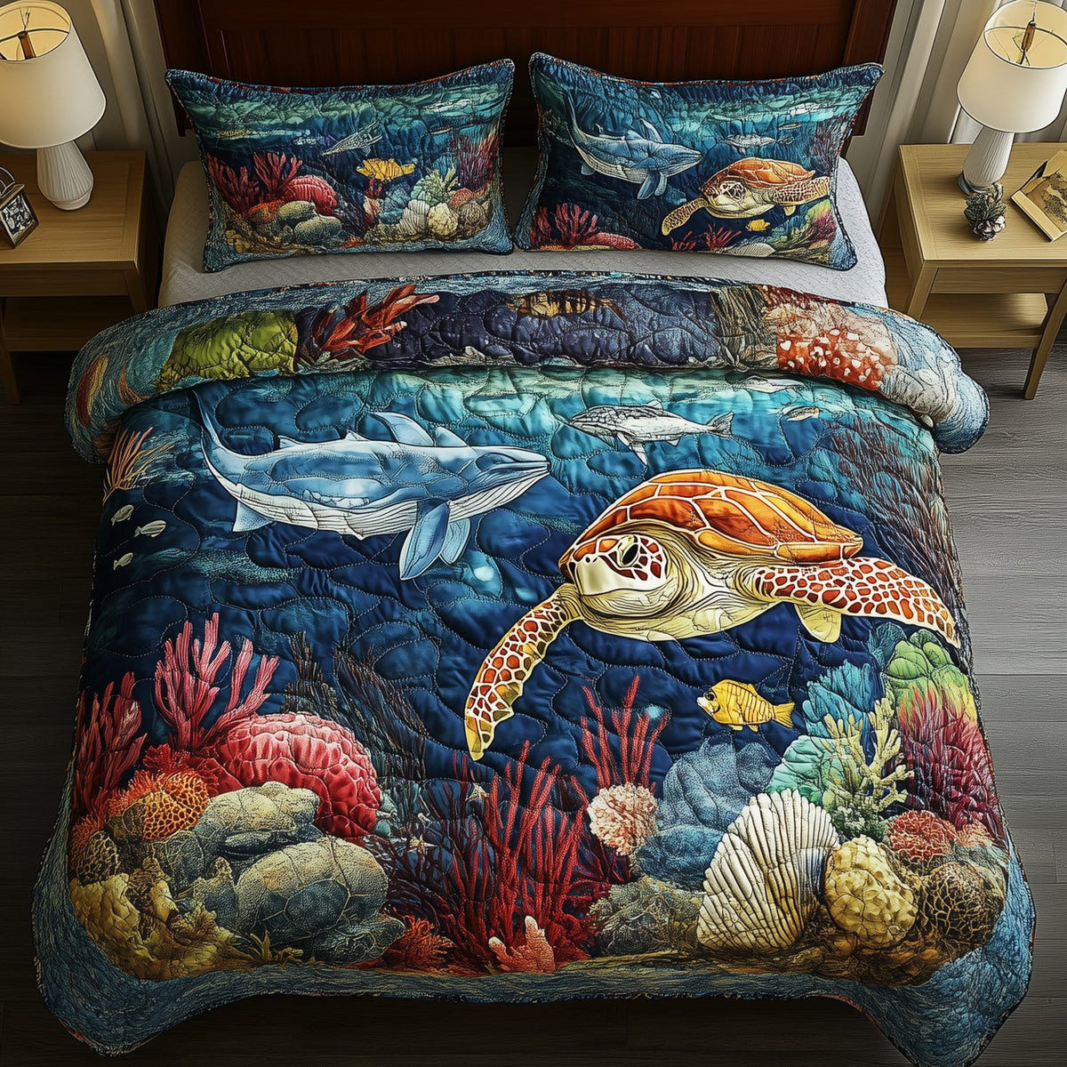 Turtle Ocean quilted 3-piece bedding set on a made bed in a light coastal bedroom