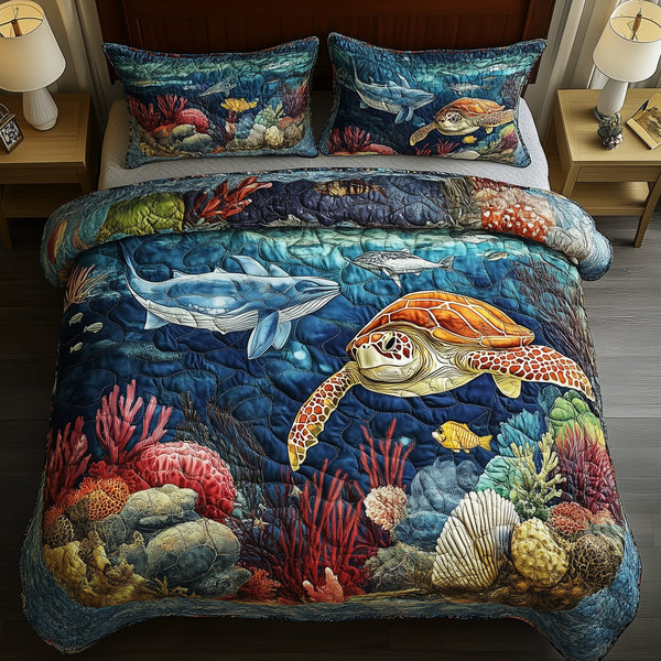 Turtle Ocean quilted 3-piece bedding set on a made bed in a light coastal bedroom