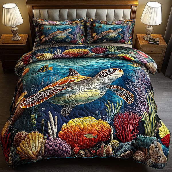 Turtle Ocean quilted 3-piece bedding set on a made bed in a light coastal bedroom