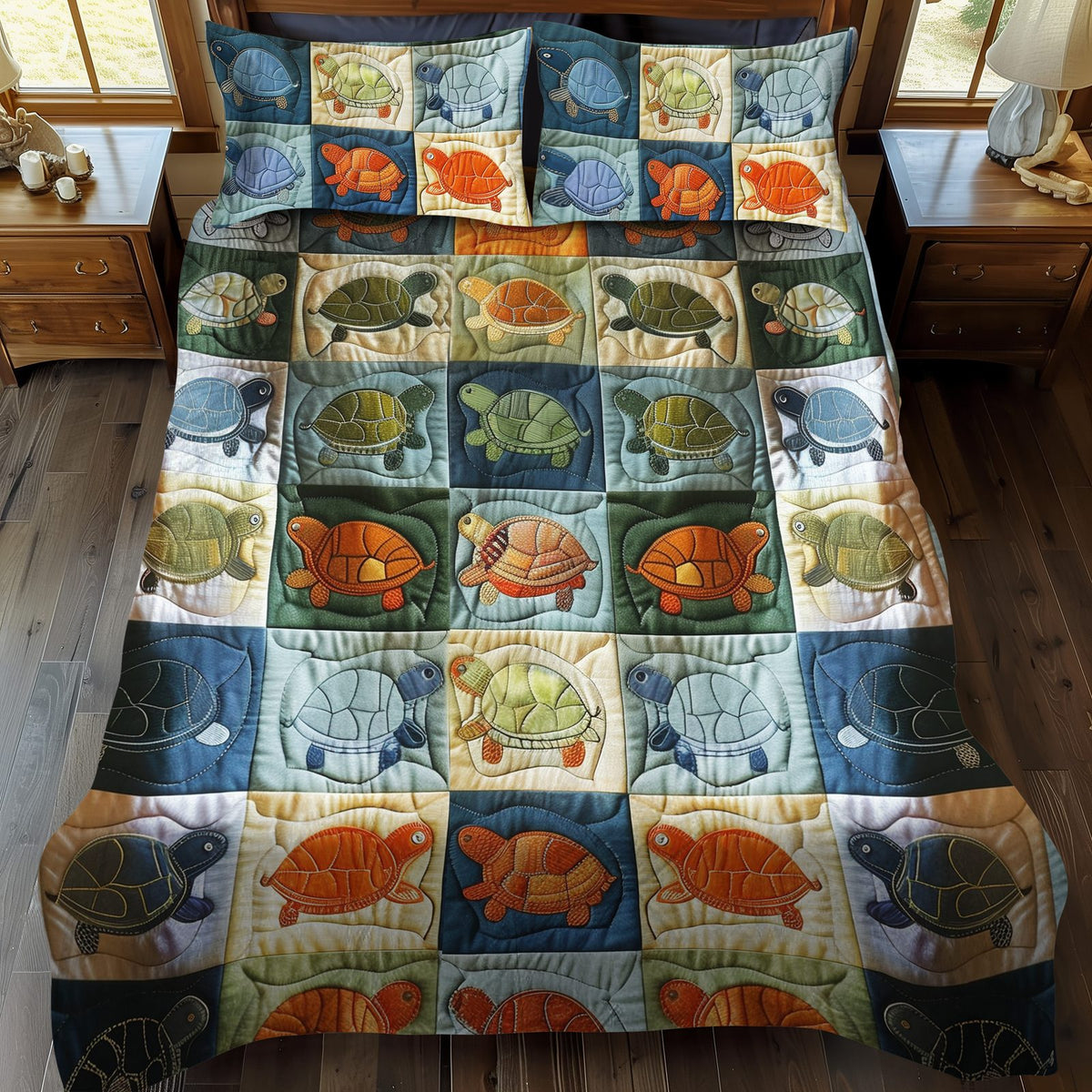 Turtle Parade quilted 3-piece bedding set on a made bed in a light coastal bedroom