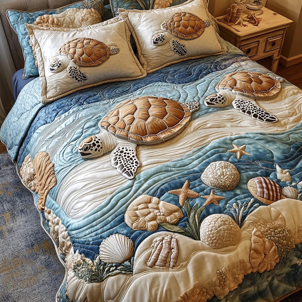 Turtle Paradise quilted 3-piece bedding set on a made bed in a light coastal bedroom