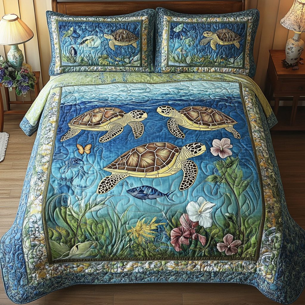 Turtle Paradise quilted 3-piece bedding set on a made bed in a light coastal bedroom