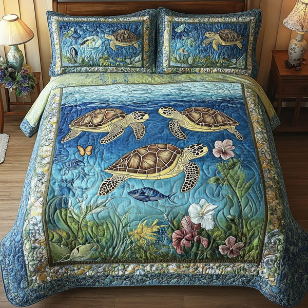 Turtle Paradise quilted 3-piece bedding set on a made bed in a light coastal bedroom