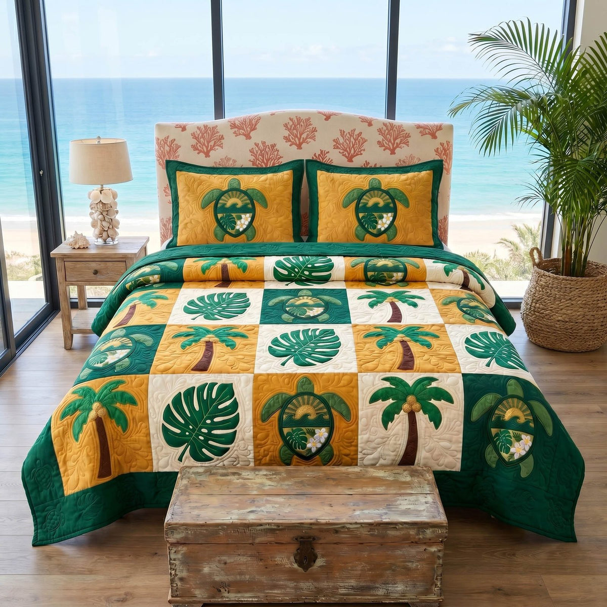 Turtle Patch quilted 3-piece bedding set on a made bed in a light coastal bedroom