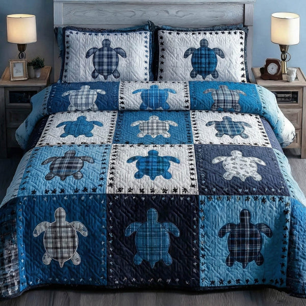Turtle Patchwork quilted 3-piece bedding set on a made bed in a light coastal bedroom